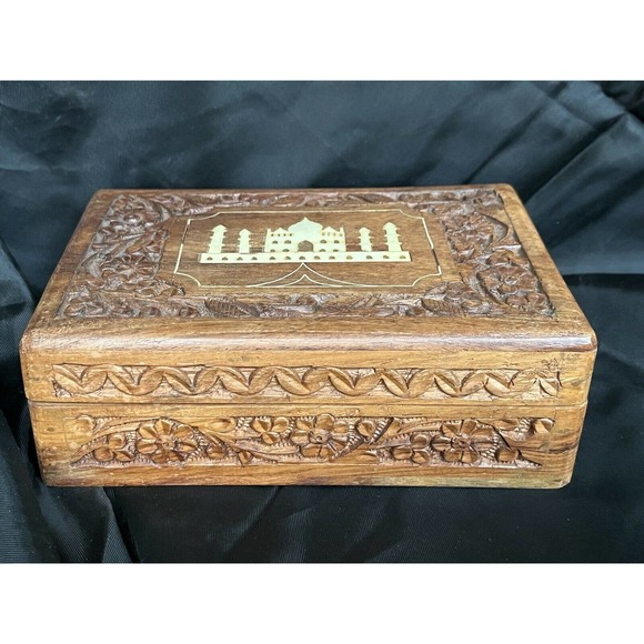 Hand Carved Wooden Box Taj Mahal Inlay Made In India By Archana Handicrafts 7" - Picture 7 of 11
